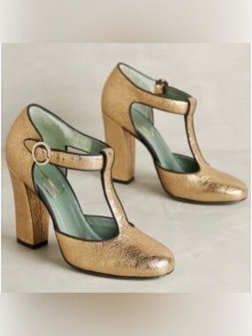 Paola D’Arcano T-Strap Metallic Gold Block Heel Pumps - Women